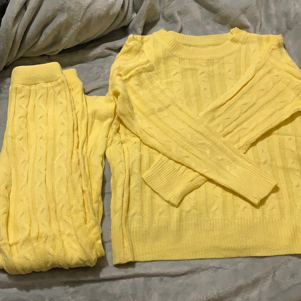 Yellow cable knit sweater and cable knit pants set. Chartou Collection.